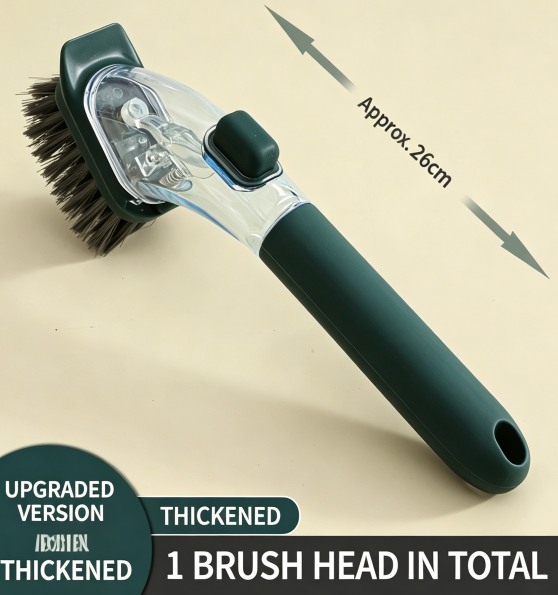 Long-handled dish and pot brush with liquid dispenser