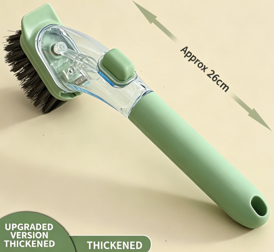 Long-handled dish and pot brush with liquid dispenser