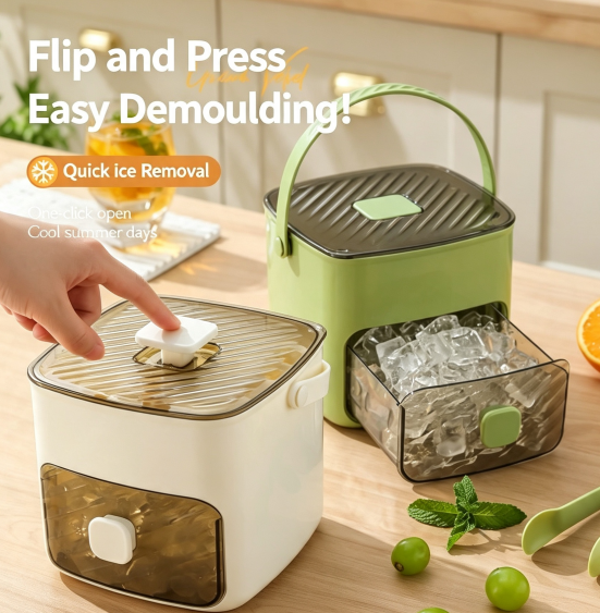 Press Ice Cube Maker with Storage Bin & Ice Tongs