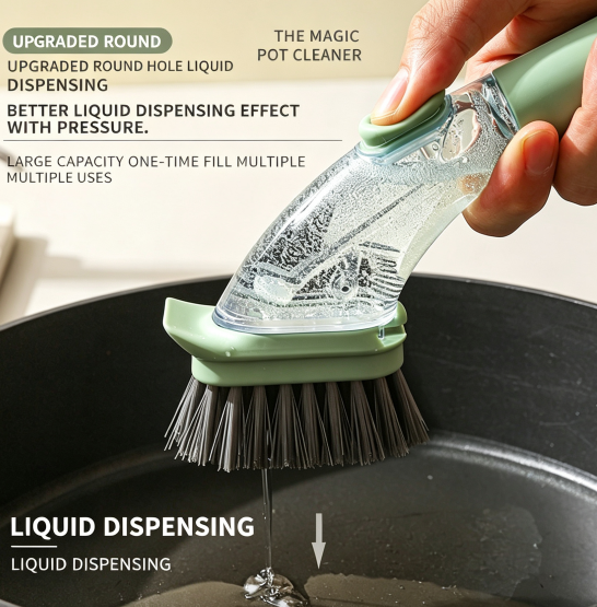 Long-handled dish and pot brush with liquid dispenser
