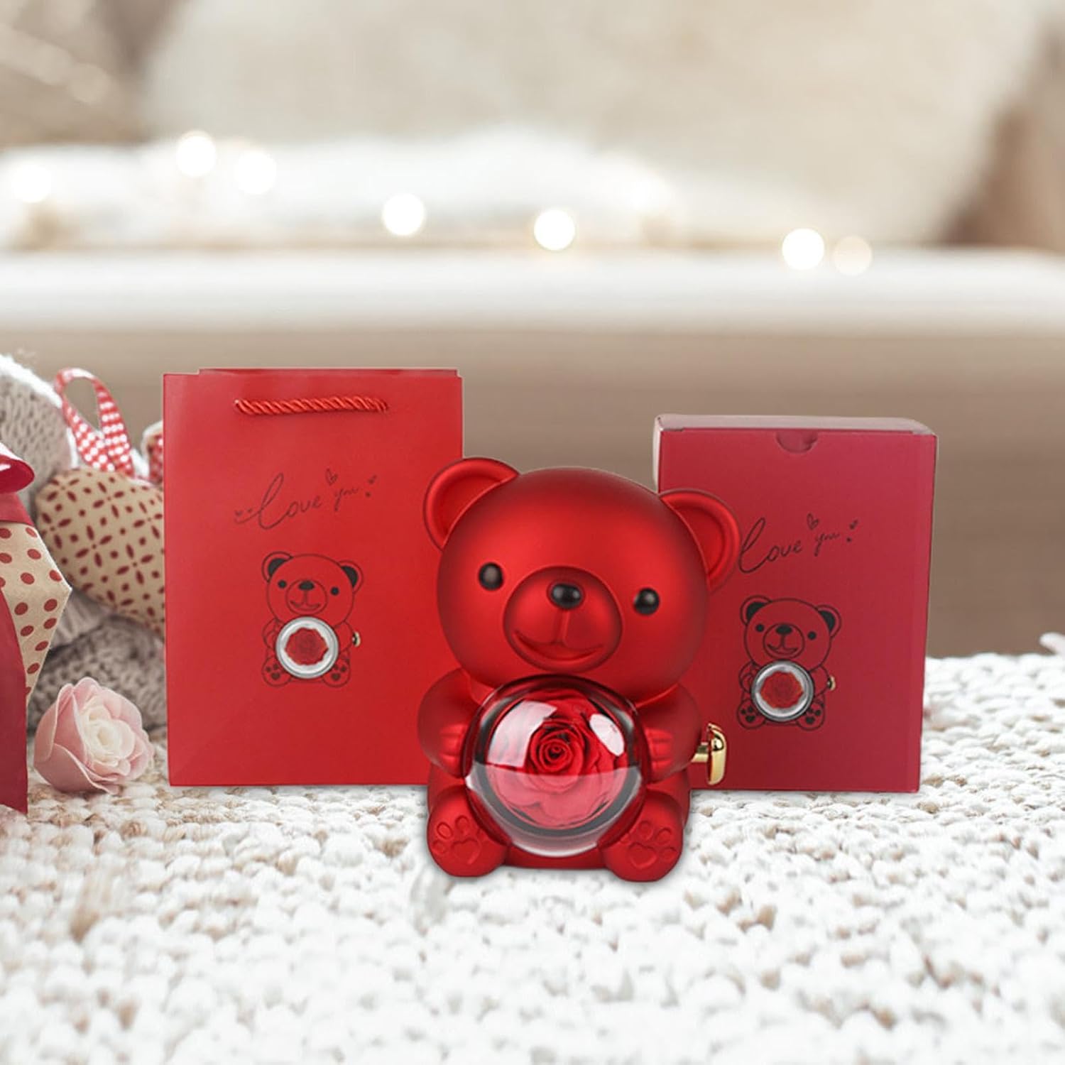 Rotating Teddy Bear Preserved Rose Jewelry Box