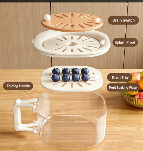 2-in-1 Large Capacity Fruit Washing Drain Basket With Foldable Handle