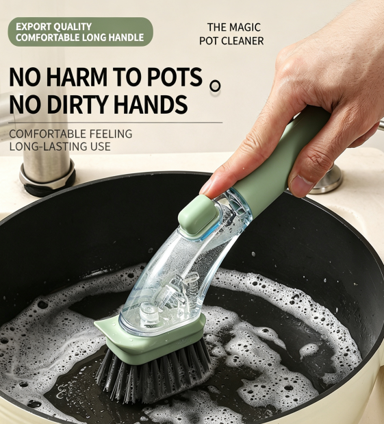 Long-handled dish and pot brush with liquid dispenser