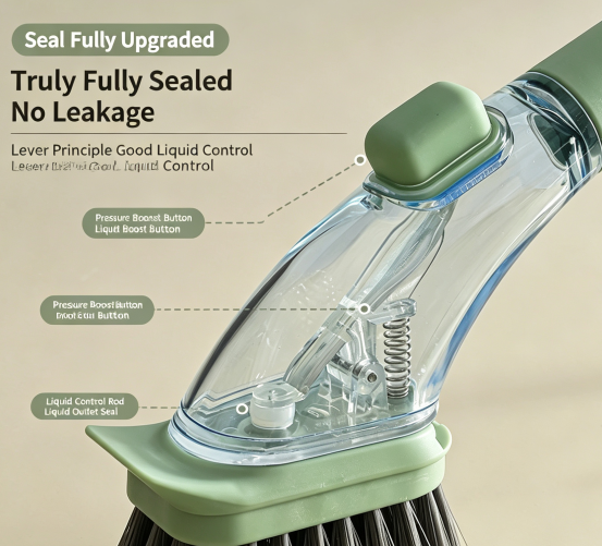 Long-handled dish and pot brush with liquid dispenser