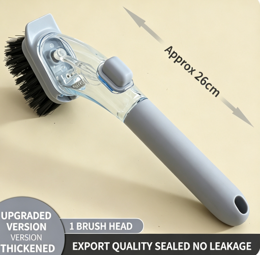Long-handled dish and pot brush with liquid dispenser