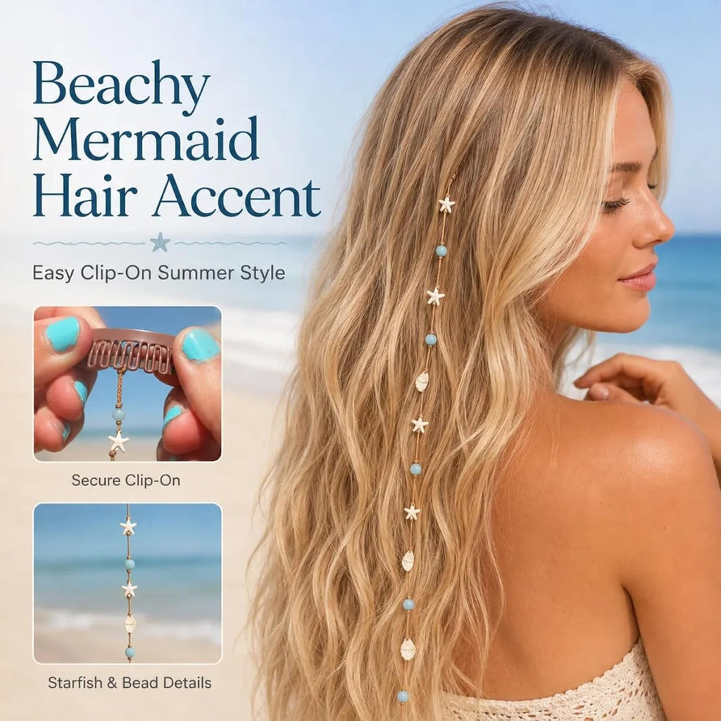 Boho Starfish Shell Clip On Long Hair Chain Beach Hair Accessory