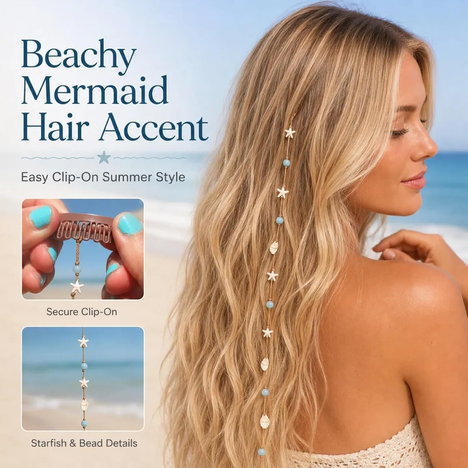 Boho Starfish Shell Clip On Long Hair Chain Beach Hair Accessory