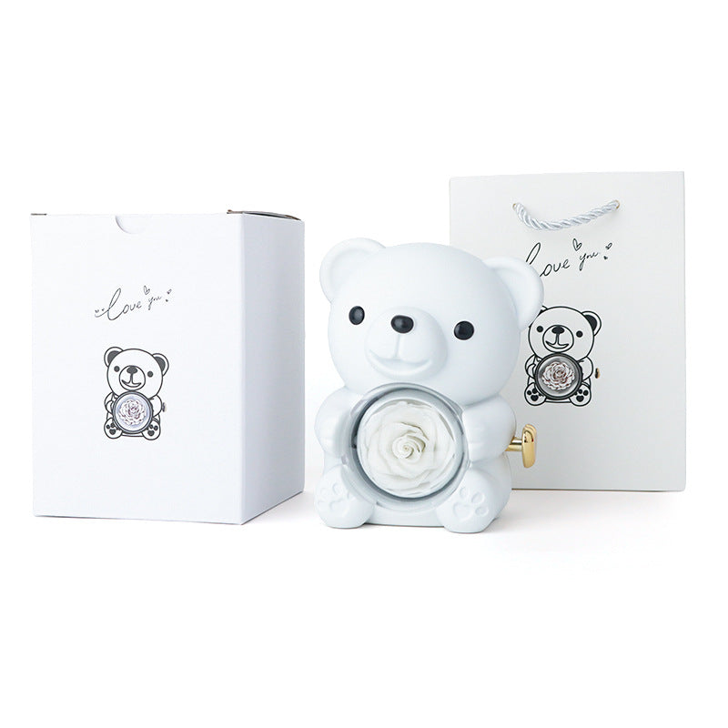 Rotating Teddy Bear Preserved Rose Jewelry Box