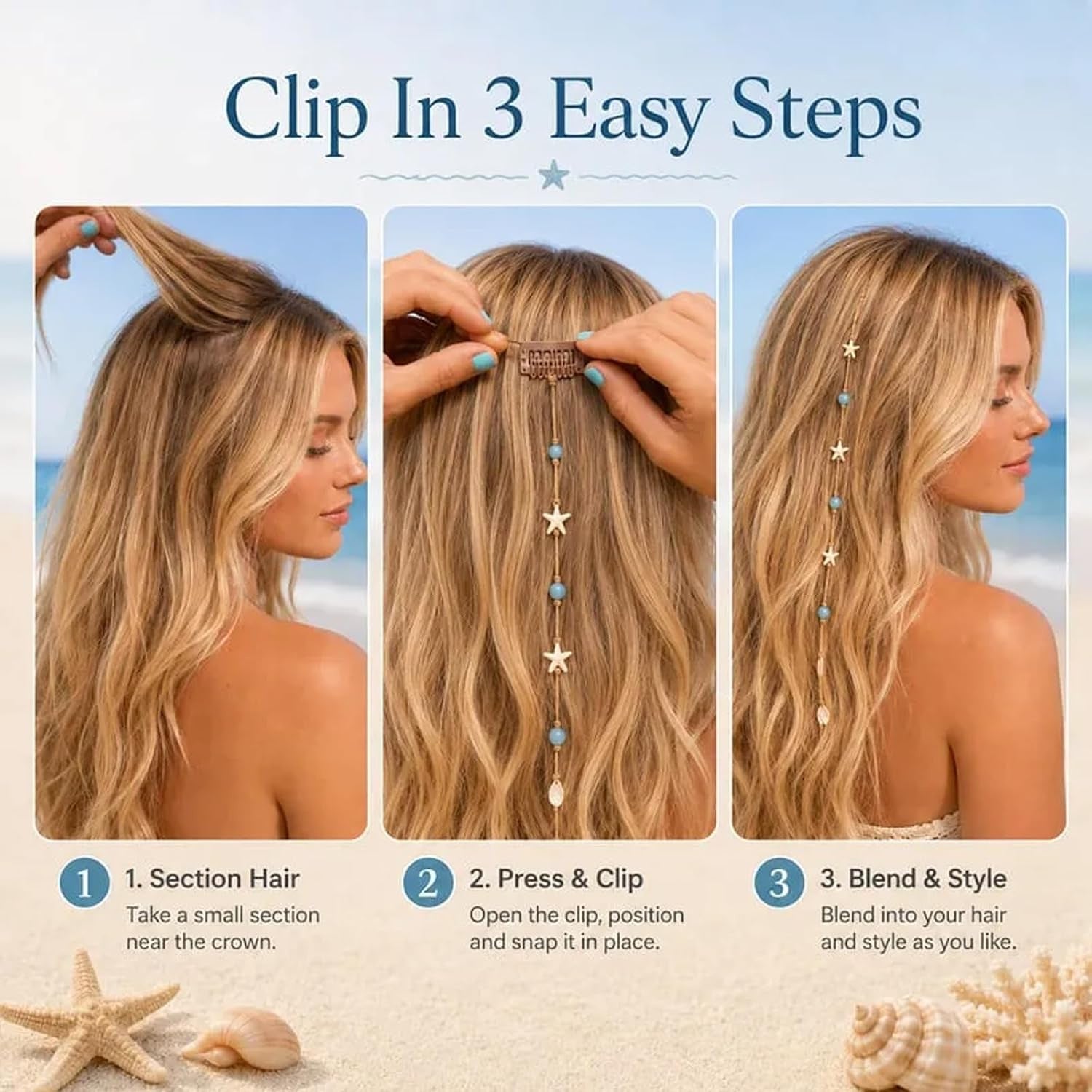Boho Starfish Shell Clip On Long Hair Chain Beach Hair Accessory