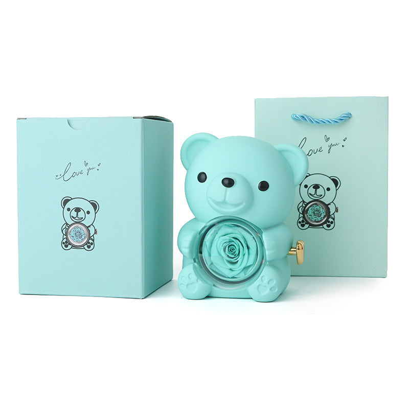 Rotating Teddy Bear Preserved Rose Jewelry Box