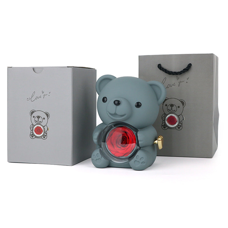 Rotating Teddy Bear Preserved Rose Jewelry Box