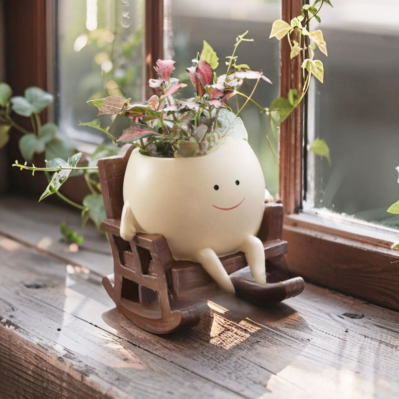 Smiling Character Rocking Chair Mini Resin Succulent Planter