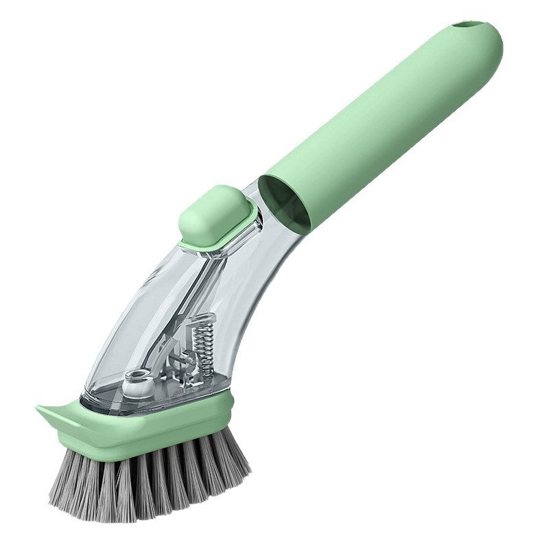Long-handled dish and pot brush with liquid dispenser