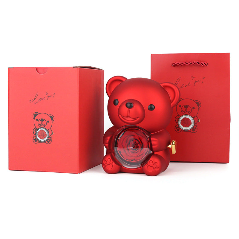 Rotating Teddy Bear Preserved Rose Jewelry Box