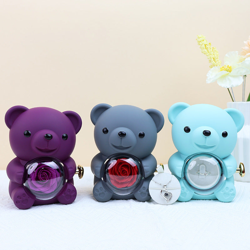 Rotating Teddy Bear Preserved Rose Jewelry Box