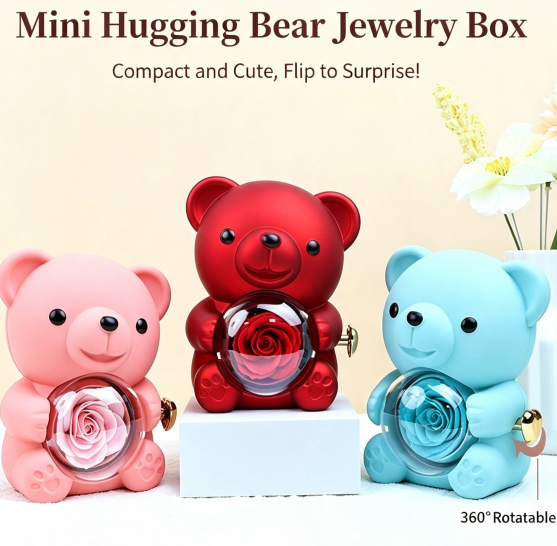 Rotating Teddy Bear Preserved Rose Jewelry Box
